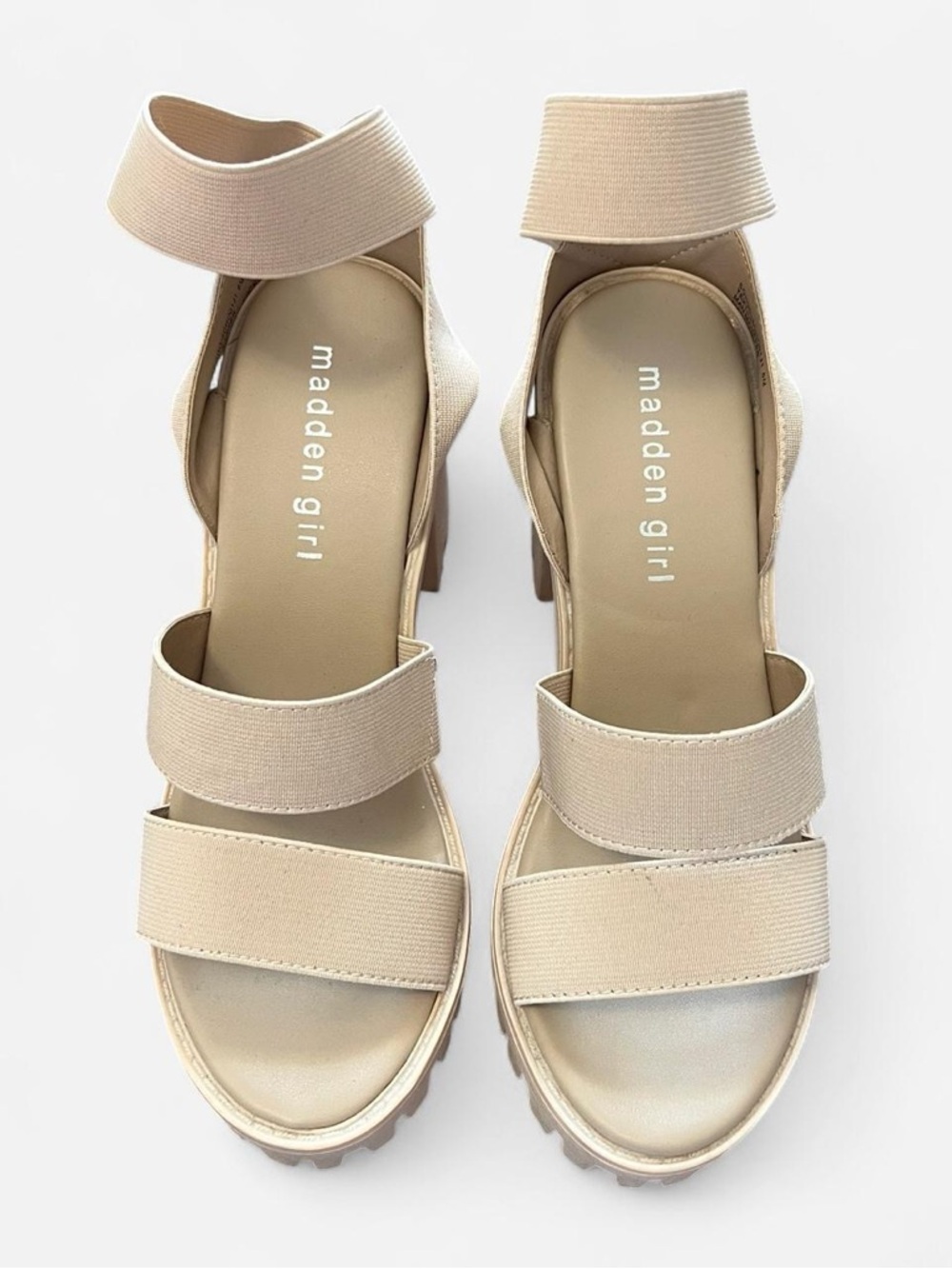 Madden Girl Templee Platform Block Heel Sandal in Sand Stretch - Picture 2 of 6